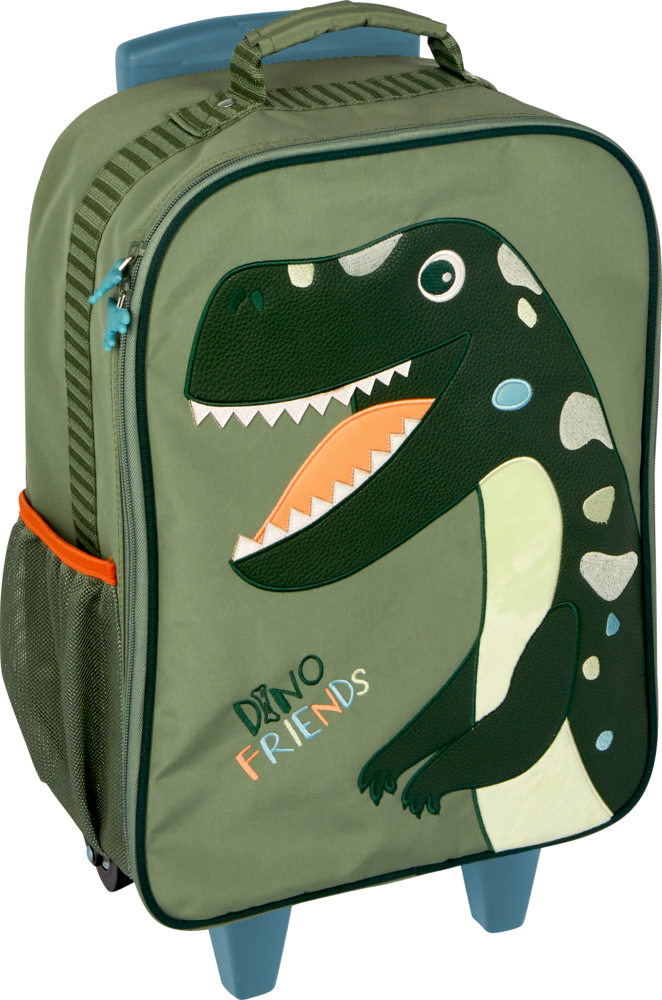 Grüner Kinder-Trolley mit einem lächelnden Dinosaurier und dem Text „Dino Friends“ auf der Vordertasche.