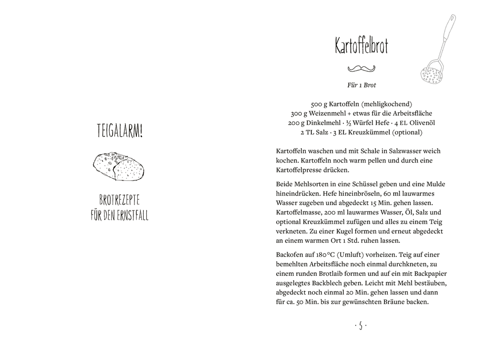 Doppelseite mit Rezept, Text, Illustrationen und Zeichnung von einem Brotlaib.