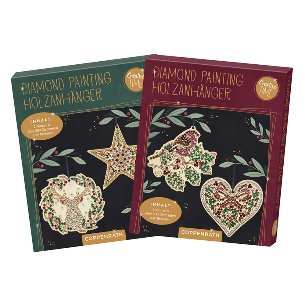 Zwei Schachteln mit Diamantmalerei-Sets für Holzornamente mit weihnachtlichen Verpackungsdesigns.
