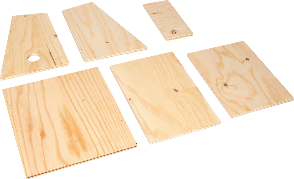Sechs Holzplatten, eine mit rundem Loch.
