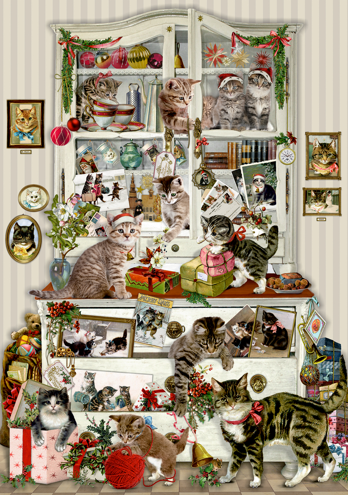 Ein festlicher Schrank voller verspielter Katzen, Weihnachtsdeko, Geschenke und bezaubernder Katzenfotos.
