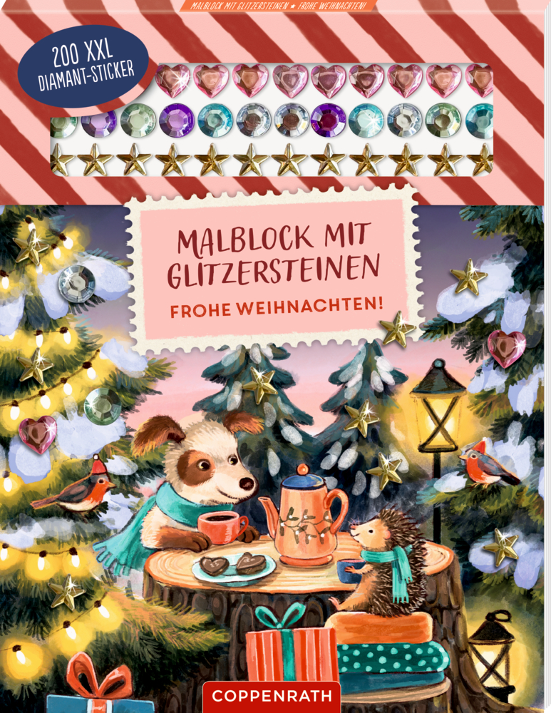 Malblock mit Glitzersteinen, weihnachtliche Illustration mit Hund und Igel an einem Tisch vor Tannenbäumen und Geschenken.