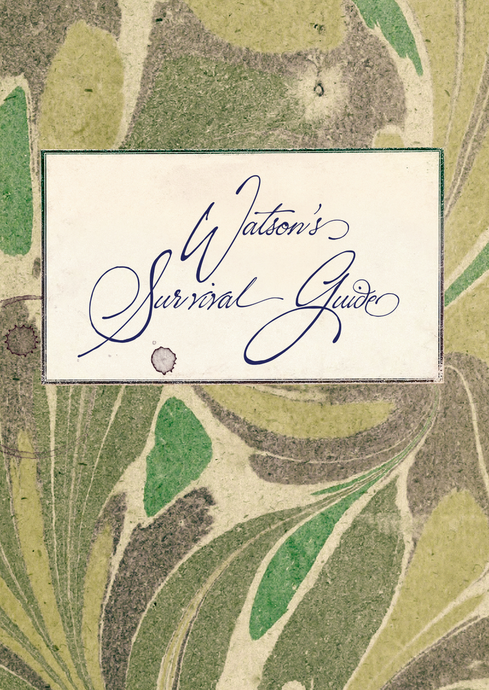 Beilage von einem marmoriertem grünem Buchumschlag mit dem Titel „Watsons Survival Guide“ in eleganter Schreibschrift.