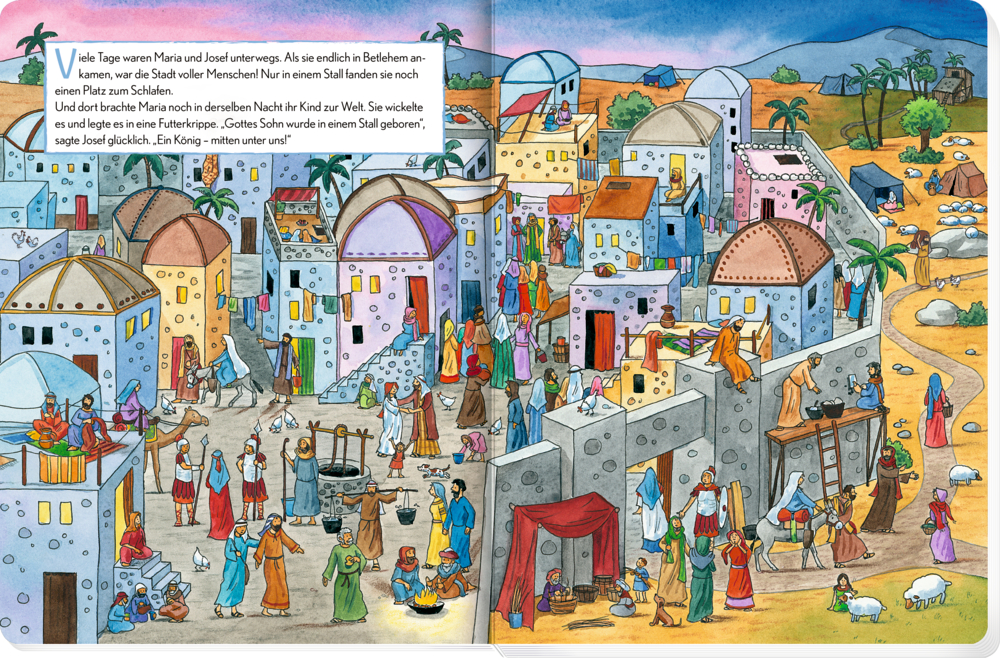Farbenfrohe Buchszene in Bethlehem mit geschäftigen Stadtbewohnern, Häusern, Tieren, Palmen und Bergen im Hintergrund.