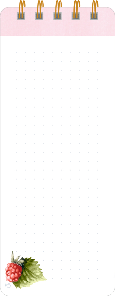 Notizblock mit goldenen Ringen, gepunktete Seite, Himbeere mit Blättern unten links.