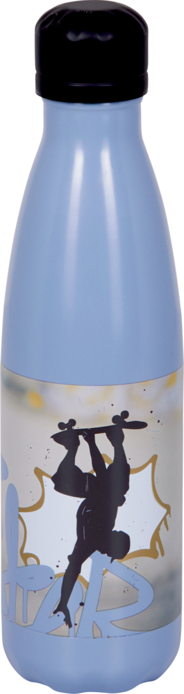 Isolierflasche (ca. 0,5 l) - skate-aid Hellblaue Wasserflasche mit schwarzem Deckel und der Grafik einer Person, die einen Skateboardsprung macht.