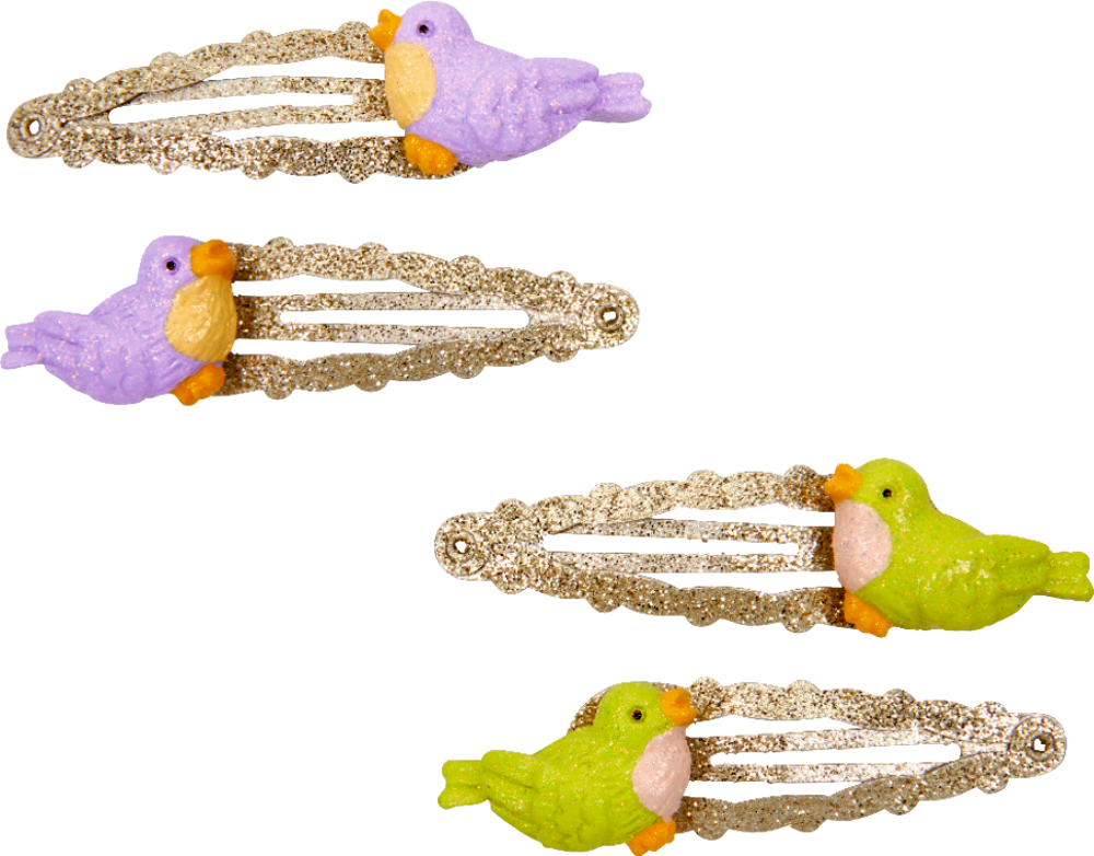 Set mit vier glitzernden Haarspangen, jede mit einem kleinen Vogel in Lila oder Grün.