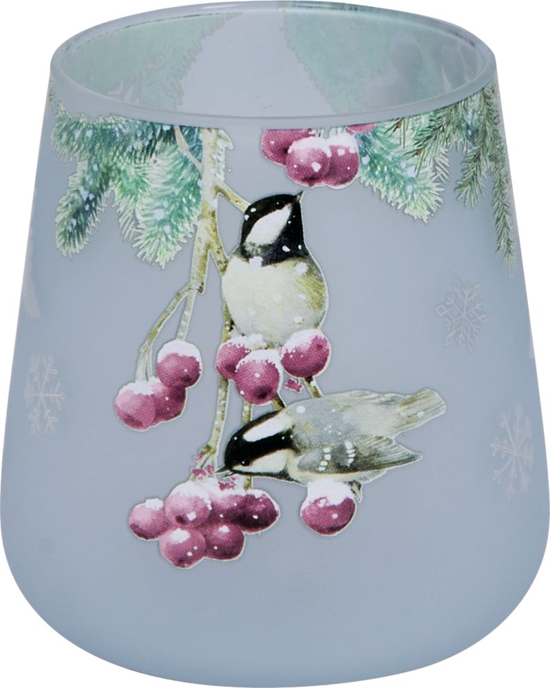 Hellblaues Glas mit Motiv von zwei Vögeln auf einem Zweig mit roten Beeren und Tannenzweigen.