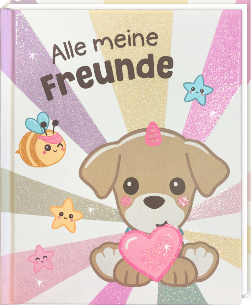Buchcover mit einem Hund, der ein Herz hält. Sterne und eine Biene sind zu sehen. Der Titel lautet Alle meine Freunde.
