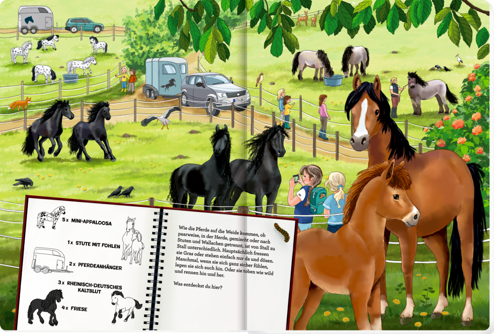 Kinder streicheln Pferde auf einer grünen Wiese, im Hintergrund sind Ponys und ein Stall zu sehen. Im Vordergrund Text mit Informationen.