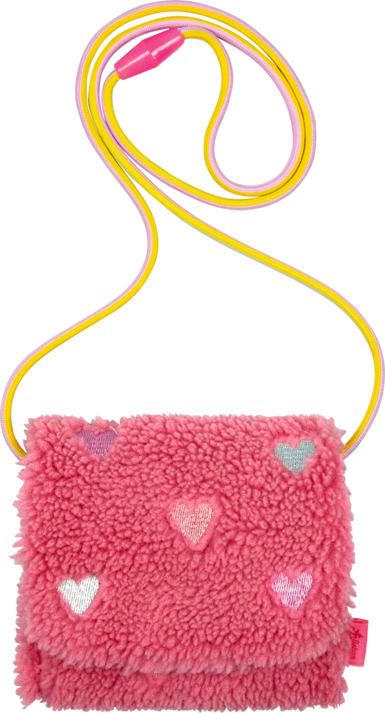 Rosafarbene, flauschiger Brustbeutel mit Herzmuster und einer gelb-rosa Kordel.