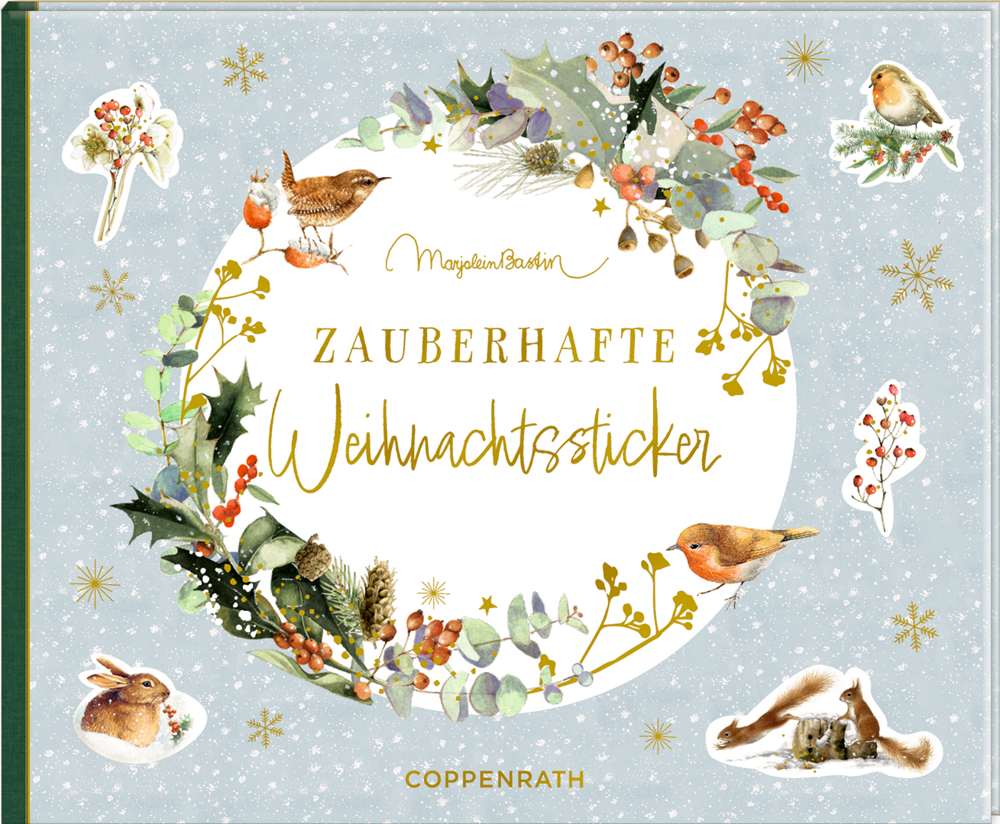 Cover mit winterlichem Kranz, Wintertieren und dem Titel „Zauberhafte Weihnachtssticker“.