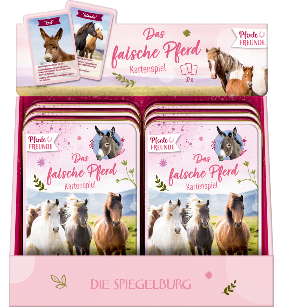 Kartenspiel-Displaybox mit Pferdemotiven und dem deutschen Titel „Das falsche Pferd Kartenspiel“ auf der Vorderseite.