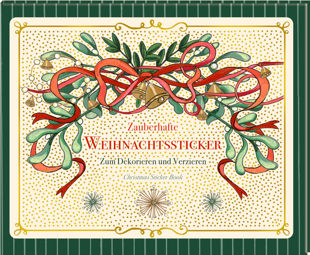 Grün-goldenes Stickerbuch-Cover mit roten Schleifen, Mistelzweigen, Glocken und dem Titel „Zauberhafte Weihnachtssticker“.