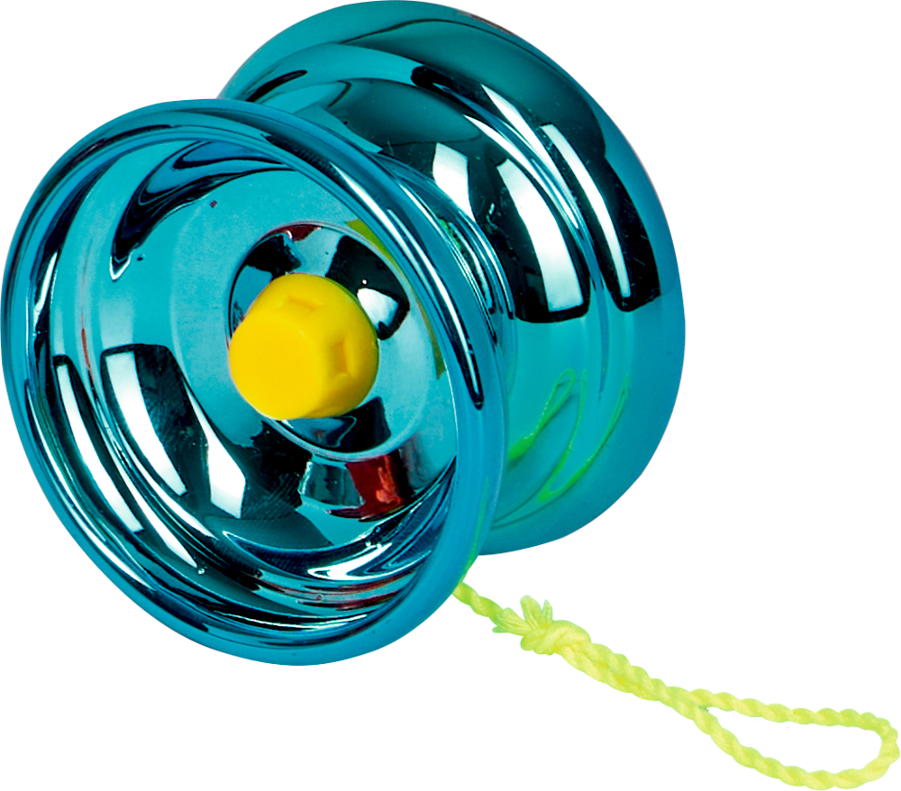 Ein glänzendes blaues Jo-Jo mit gelber Mitte und neongelber Schnur.