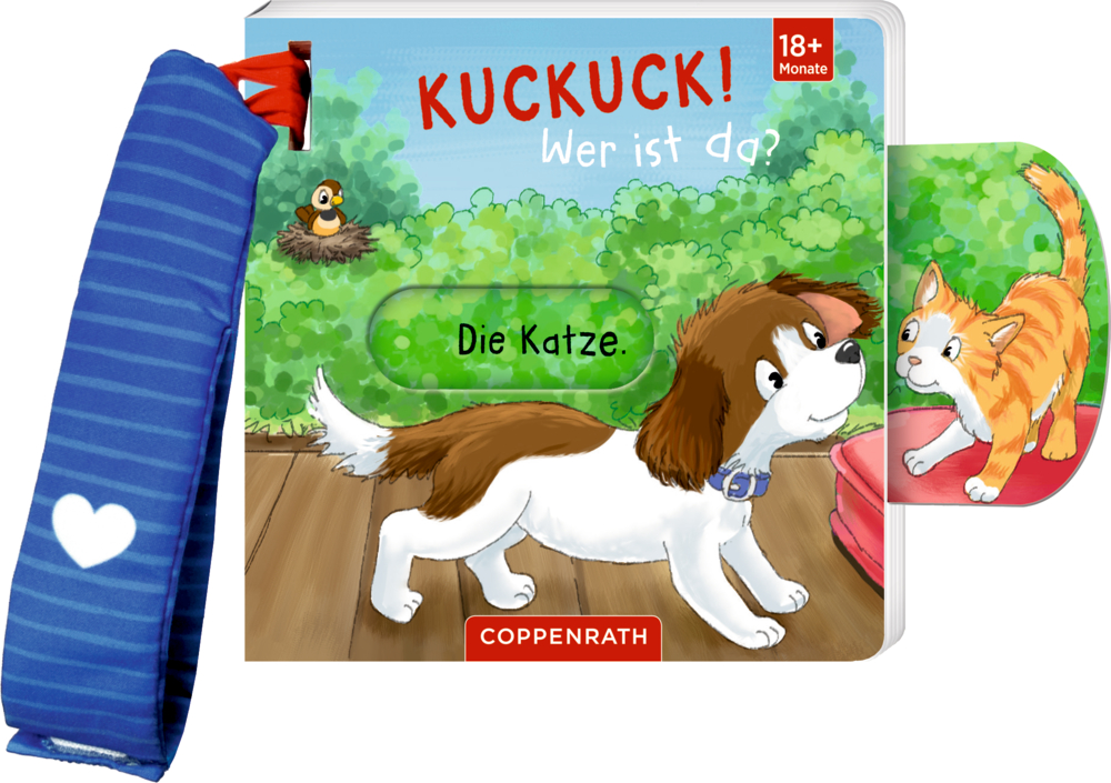Mein Schieberbuch für den Buggy: Kuckuck! Wer ist da? Kinderbuch mit Schieber und mit blau gestreiftem Buggyband: Ein Hund schaut eine Katze an.