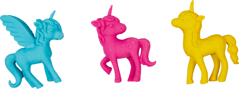 Einhorn-Radierer - Einhorn-Paradies Drei Einhornfiguren: blau mit Flügeln, rosa mit Sternen und gelb mit wallender Mähne.
