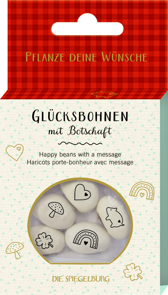 Glücksbohnen: Geprägte Saatbohnen Pflanze deine Wünsche - Viel Glück Glücksbohnenpackung mit weißen Bohnen mit Herz-, Regenbogen- und Schweinemotiven.