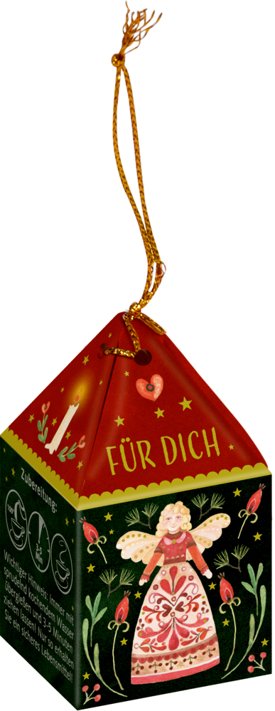 Dekorative Teeschachtel mit Kordel, Engel-Illustration und dem Schriftzug „Für Dich“.