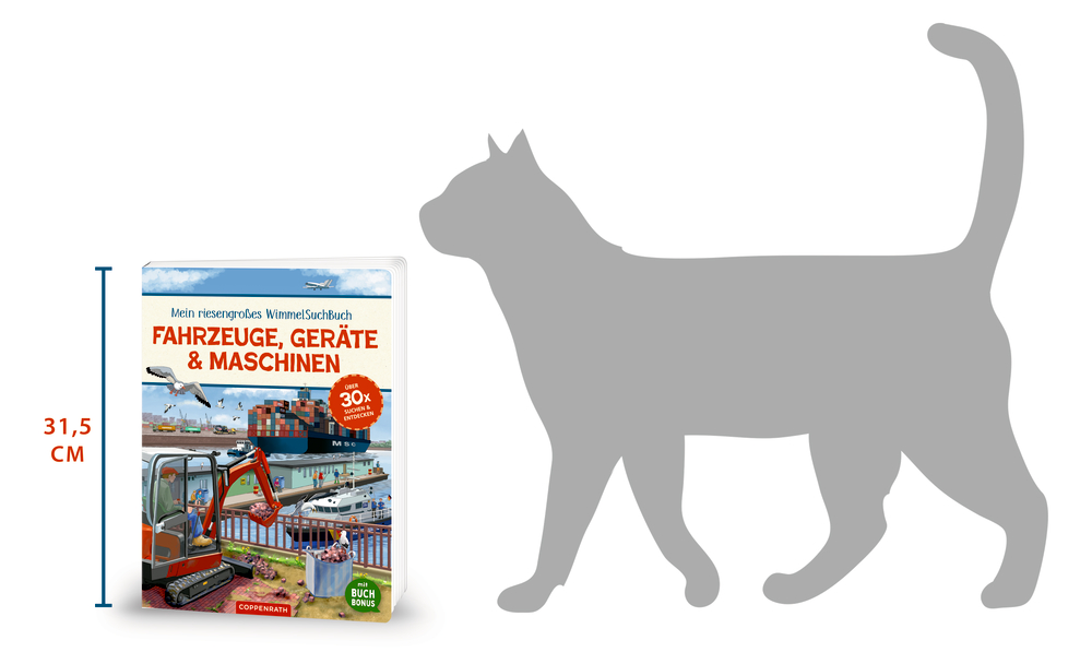 Zur Größenangabe ist das Kinderbuch neben einer Katzensilhouette abgebildet und die Buchhöhe ist mit 31,5 cm angegeben.