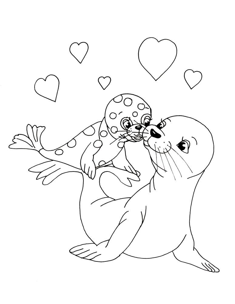 Auf einem Ausmalbild sind eine erwachsene Robbe und ein Junges am kuscheln, während Herzen über ihnen schweben.