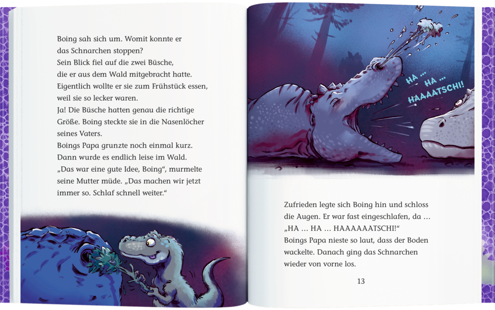 Ein Dinosaurier niest laut in einem dunkelen Wald und erschreckt damit einen anderen Dinosaurier in der Nähe, auf einer Doppelseite mit Text.