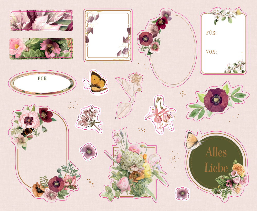 Blumenetiketten, Rahmen und Aufkleber teilweise mit Text, mit Blumen und Schmetterlingen.