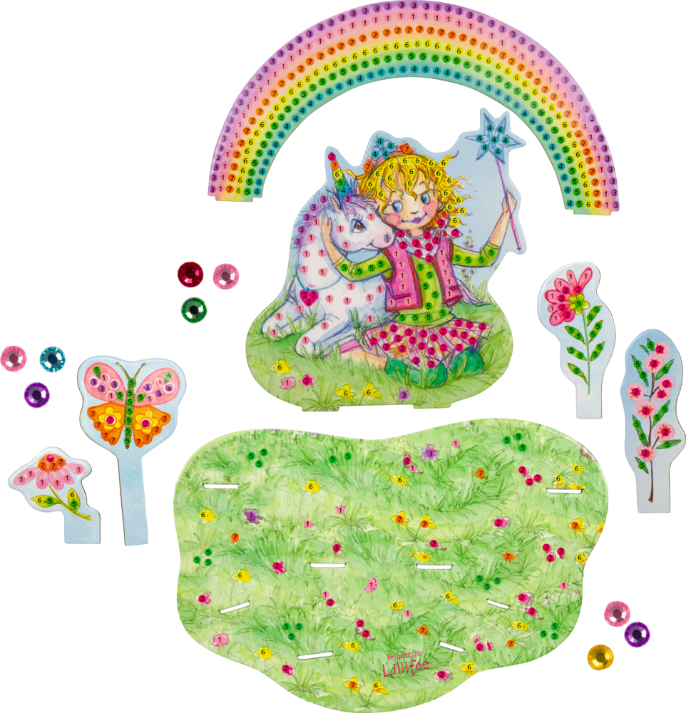 Bunte Fee und Einhorn sitzen auf Gras. Im Hintergrund ist ein Regenbogen. Blumen, Schmetterling und Pailletten sind verstreut.