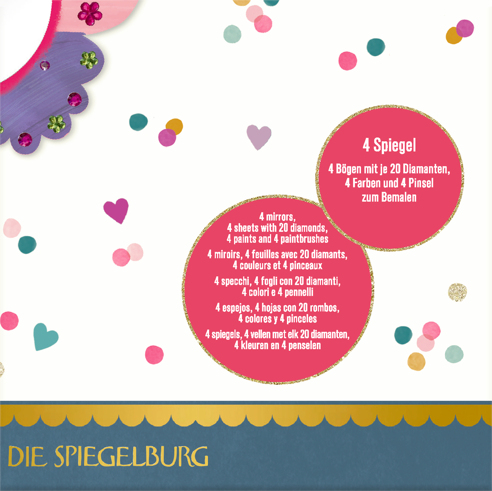 Buntes Konfetti, Herzen und rosa Kreise mit mehrsprachigen Produktdetails auf weißem Hintergrund.