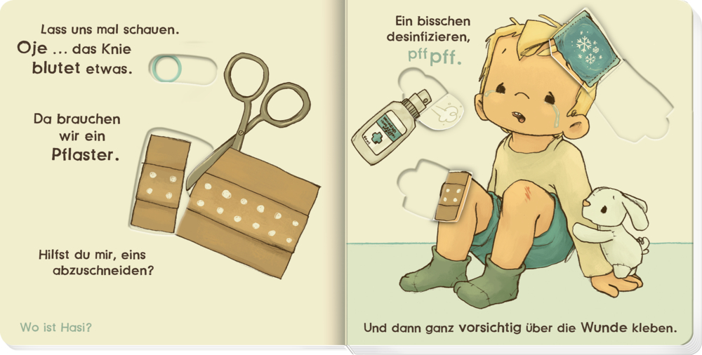 Ein Kind mit einem Pflaster am Knie sitzt und hält ein Stoffkaninchen. Ein Kühlpack wird auf den Kopf aufgelegt.