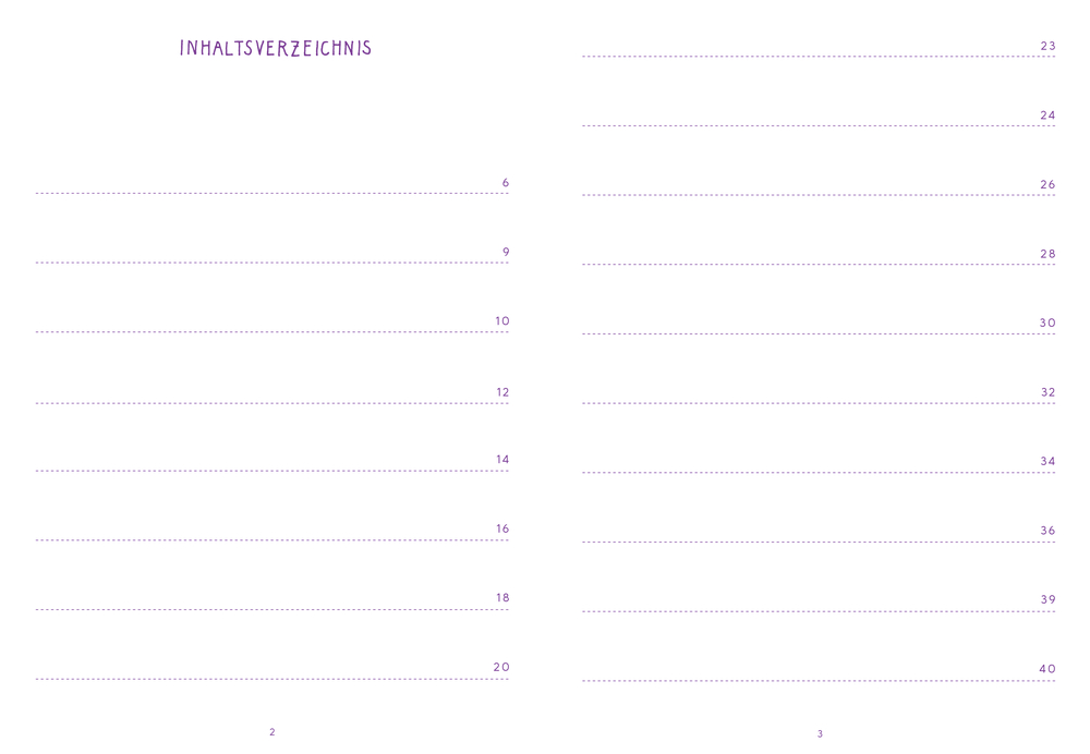 Doppelseitiges Inhaltsverzeichnis mit Punkten und Seitenzahlen auf beiden Seiten.