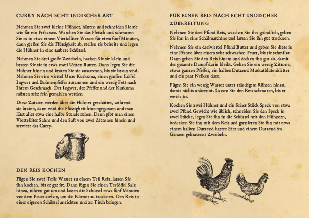 Beilage auf der deutsche Curry- und Reisrezepte abgebildet sind, mit Vintage-Krug- und Hühnchenskizzen – authentische indische Aromen im nostalgischen Stil.