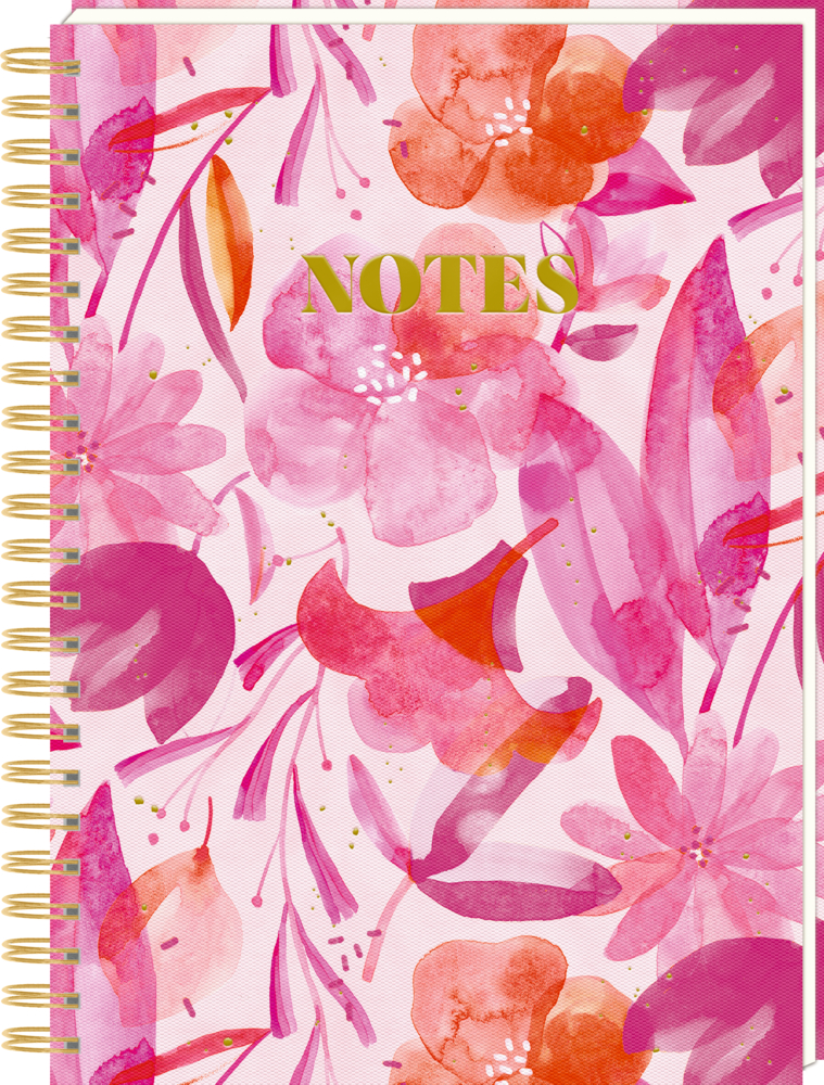 Ringbuch DIN A4: Notes - All about pink Spiralnotizbuch mit „NOTES“ auf einem rosa und roten Aquarell-Blumeneinband.