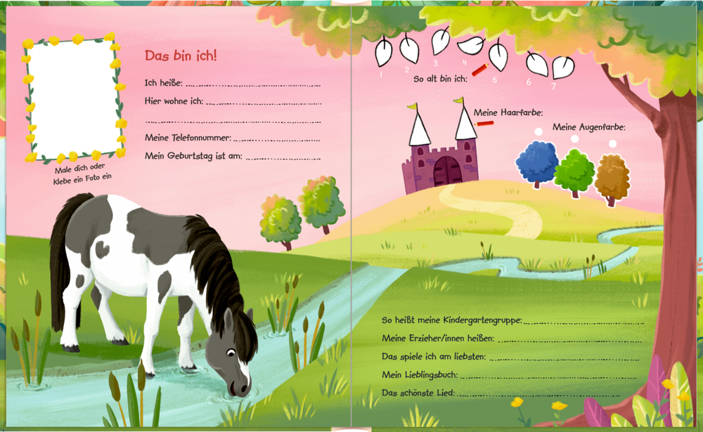 Freundebuchseite: Pferd, Hühner, Eier und persönliche Lückentextfragen. Farbenfrohes Design.