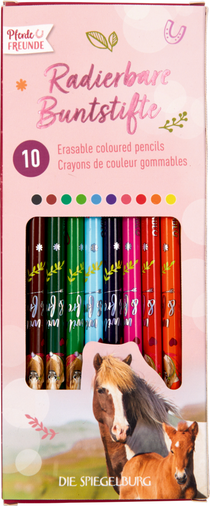 Radierbare Buntstifte Pferdefreunde Schachtel mit 10 radierbaren Buntstiften mit Pferdeillustrationen auf der Verpackung.
