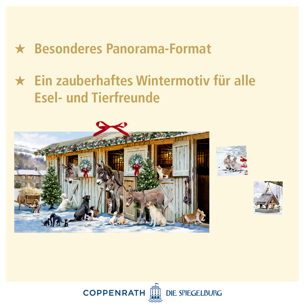 Panorama von Eseln, Hunden und anderen Tieren vor weihnachtlich geschmückten Ställen in einer festlichen Winterlandschaft.