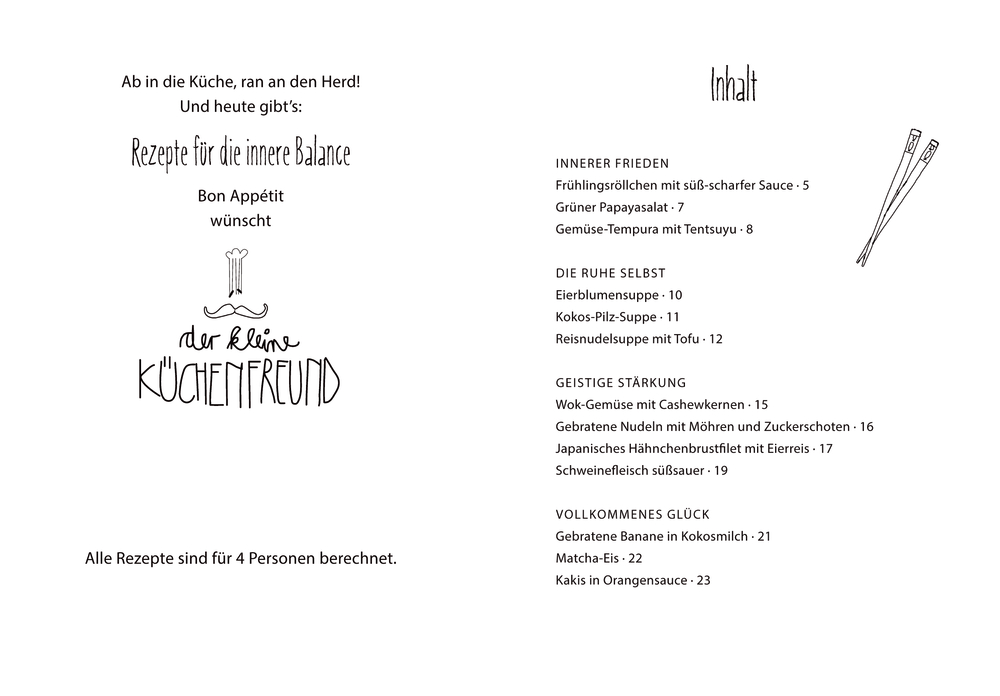 Rezeptheft: Verspielte Schriftarten, Inhaltsverzeichnis und Rezepte für die innere Balance.
