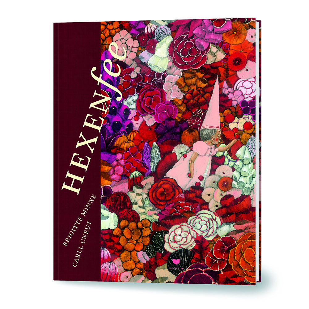 Buchcover von Hexenfee: eine rosa Fee zwischen leuchtenden Blumen auf einem lebhaften roten Hintergrund.