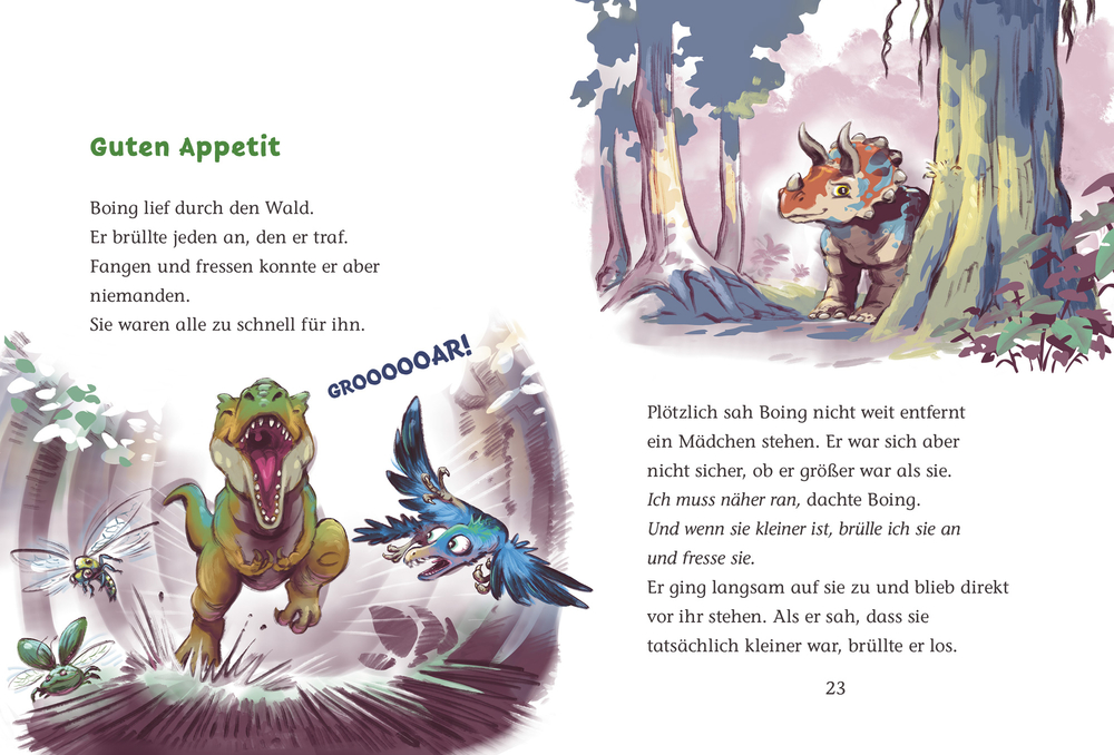 Eine Innenansicht mit  Text zeigt Dinosaurier und Waldtiere in einem lebendigen Wald, mit einem brüllenden T-Rex, der einen Vogel und ein Insekt jagt.
