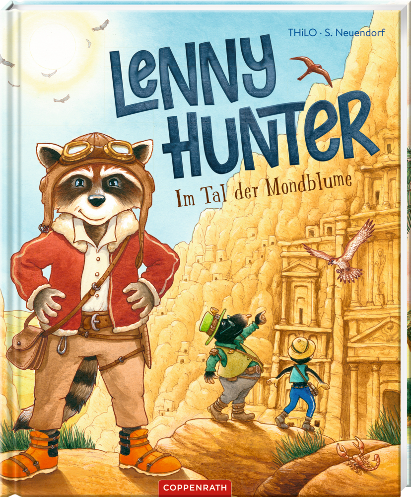 Lenny Hunter (Bd.2) - Im Tal der Mondblume Auf dem Cover von "Lenny Hunter - Im Tal der Mondblume" ist ein Waschbär in Fliegermontur der vor einer antiken Ruinen steht, während seine Freunde die felsige Landschaft erkunden.