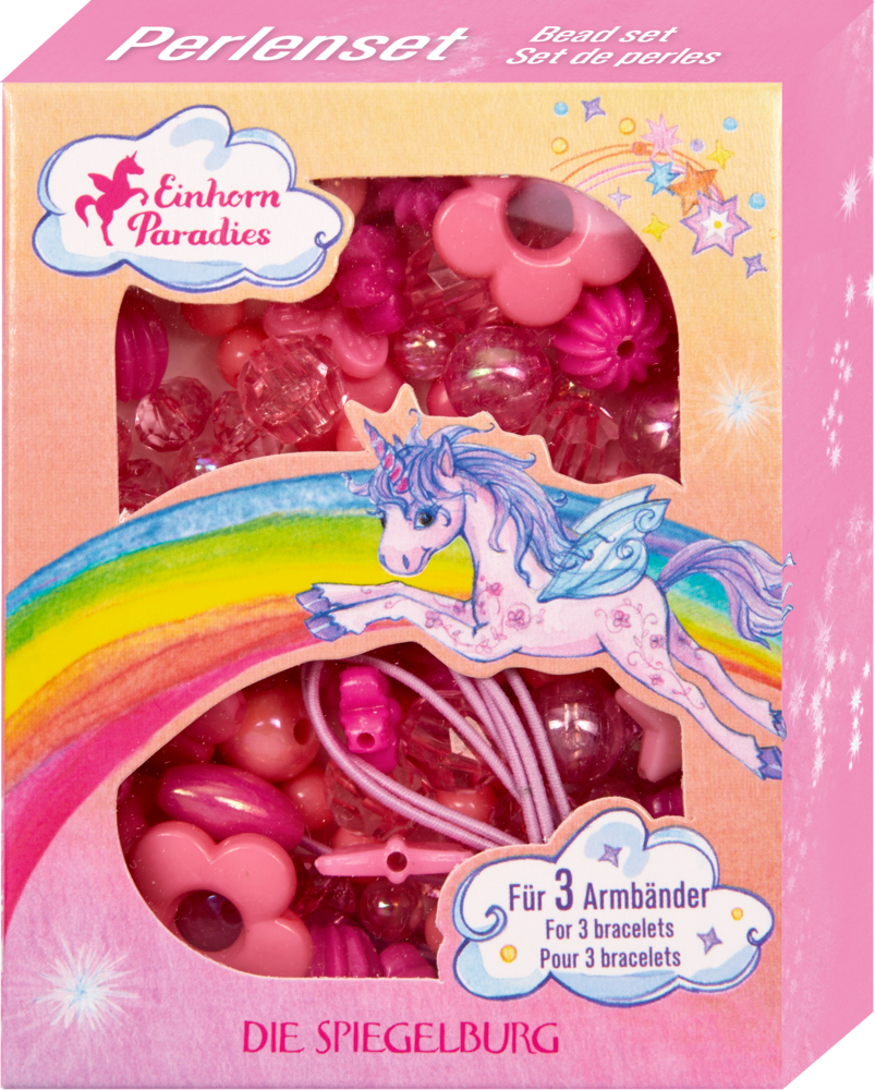 Perlenset Rosa - Einhorn-Paradies Rosa Perlenset-Box mit Einhornmotiv und rosa und violetten Perlen; genug für 3 Armbänder.