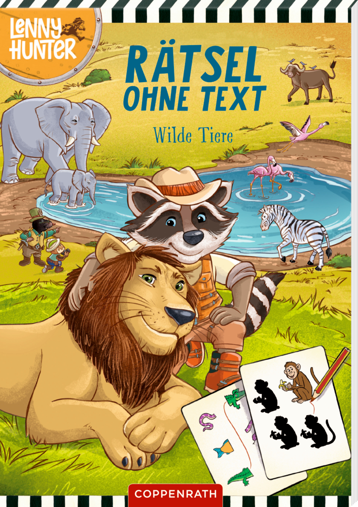 Rätsel ohne Text: Wilde Tiere - Lenny Hunter Auf dem Cover eines Rätselbuchs sieht man einen Waschbären und einen Löwen die sich an einem Teich inmitten wilder Tiere entspannen, im Vordergrund ist ein Puzzleblatt zu sehen.