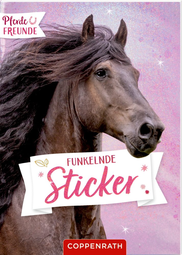 Schwarzes Pferd mit wallender Mähne auf rosa, glitzerndem Hintergrund und Cover-Schriftzug.