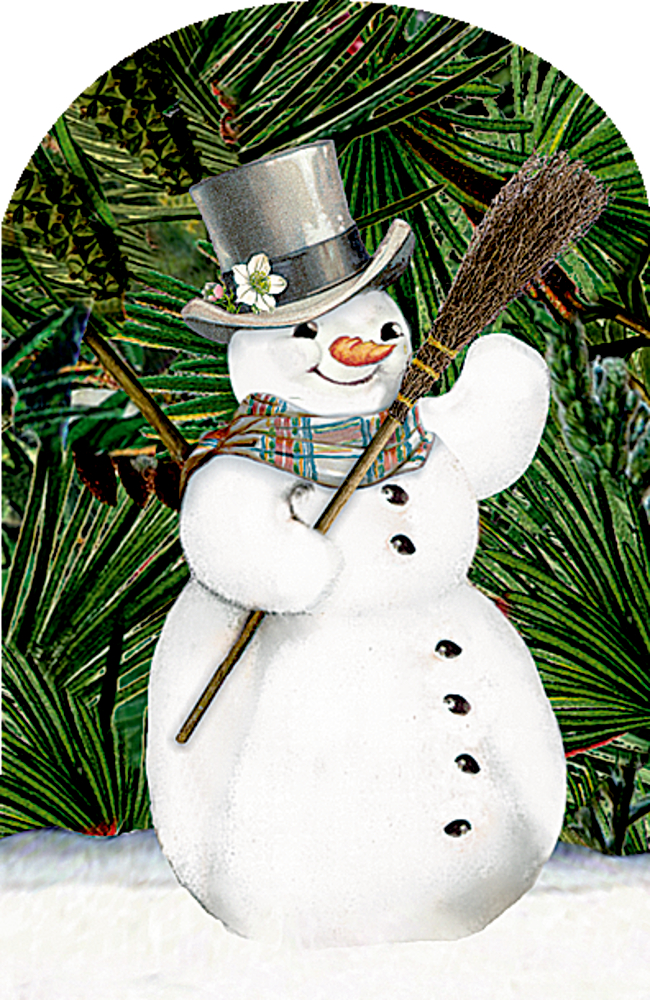 Kalendertürchen: Ein lächelnder Schneemann mit Zylinder, Schal und Besen steht vor grünen Tannenzweigen.