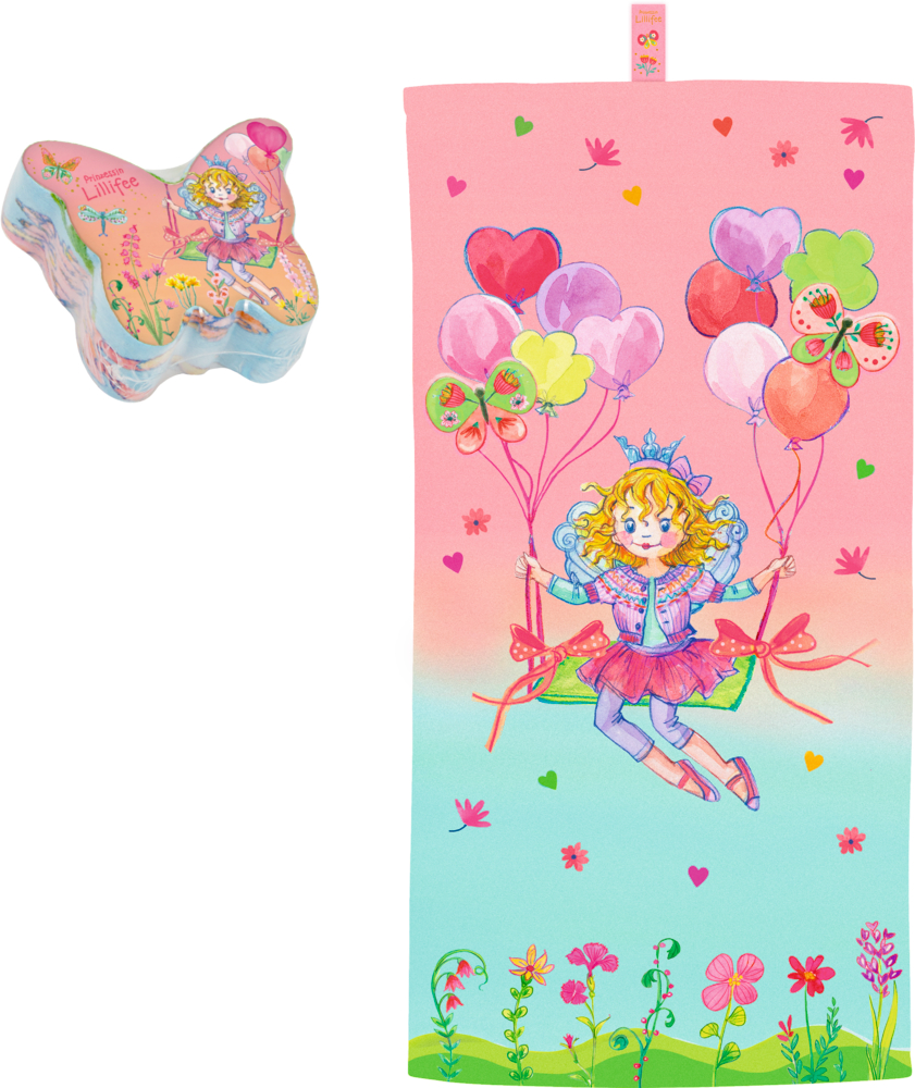 Buntes Handtuch: Feenmädchen mit Luftballons, darunter Blumen; schmetterlingsförmige Verpackung in der oberen linken Ecke.