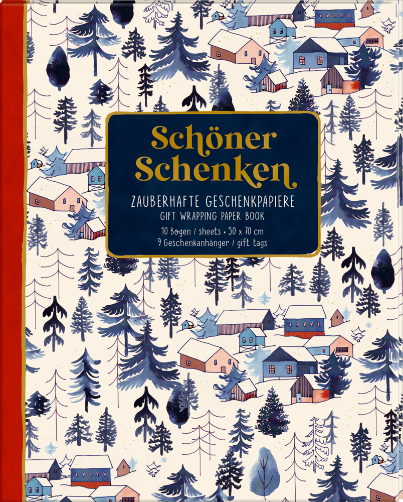Geschenkpapierbuch mit verschneitem Dorf und Wald, beschriftet mit „Schöner Schenken“.
