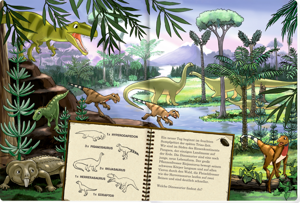 Gezeichnete Dinosaurier an einem Fluss mit Pflanzen. Dazu Dino-Skizzen und Informationen. Buchinnenseite.