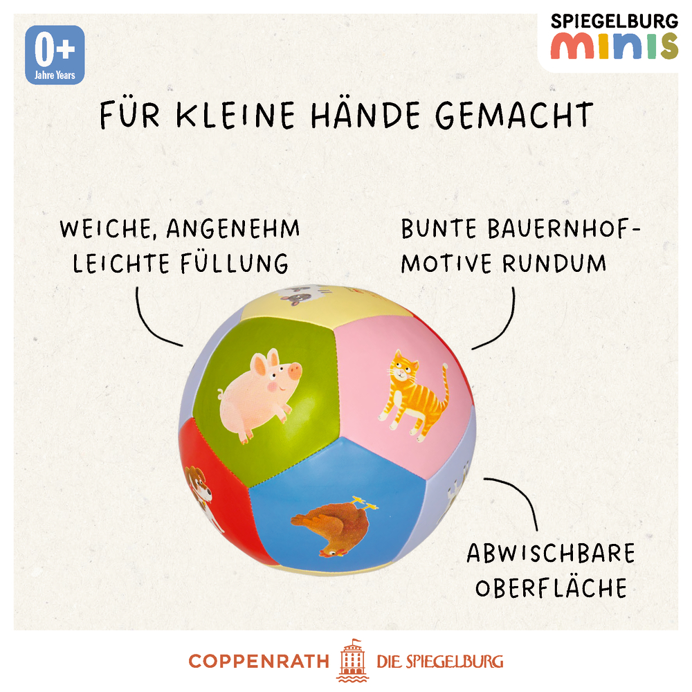 Bunter Ball mit Bauernhoftieren, weiche Füllung, abwischbare Oberfläche.