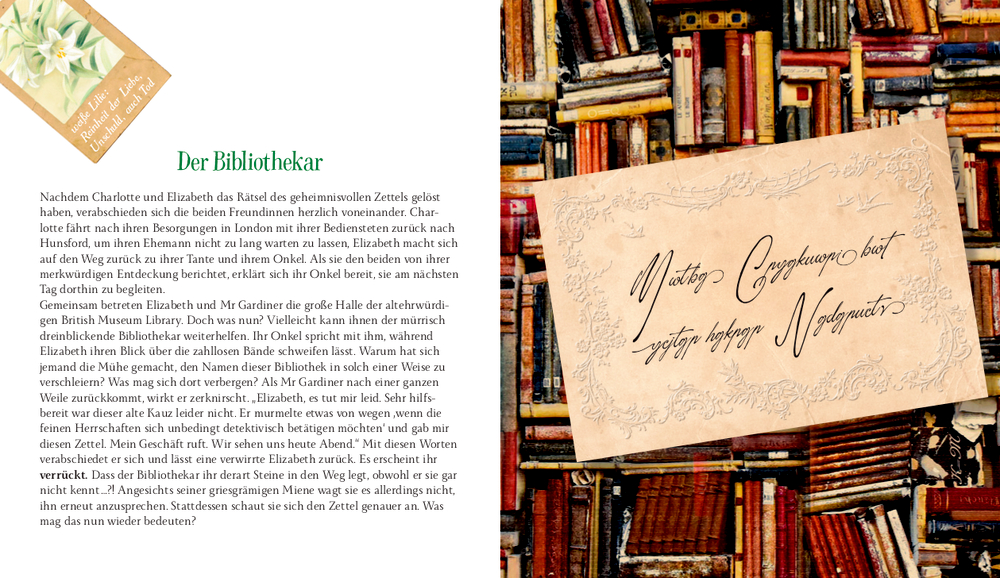 Innenansicht auf der linken Seite befindet sich deutscher Text und auf der rechten ein verzierter Zettel mit verschnörkelter Schrift und im Hintergrund befinden sich gestapelte Bücher.