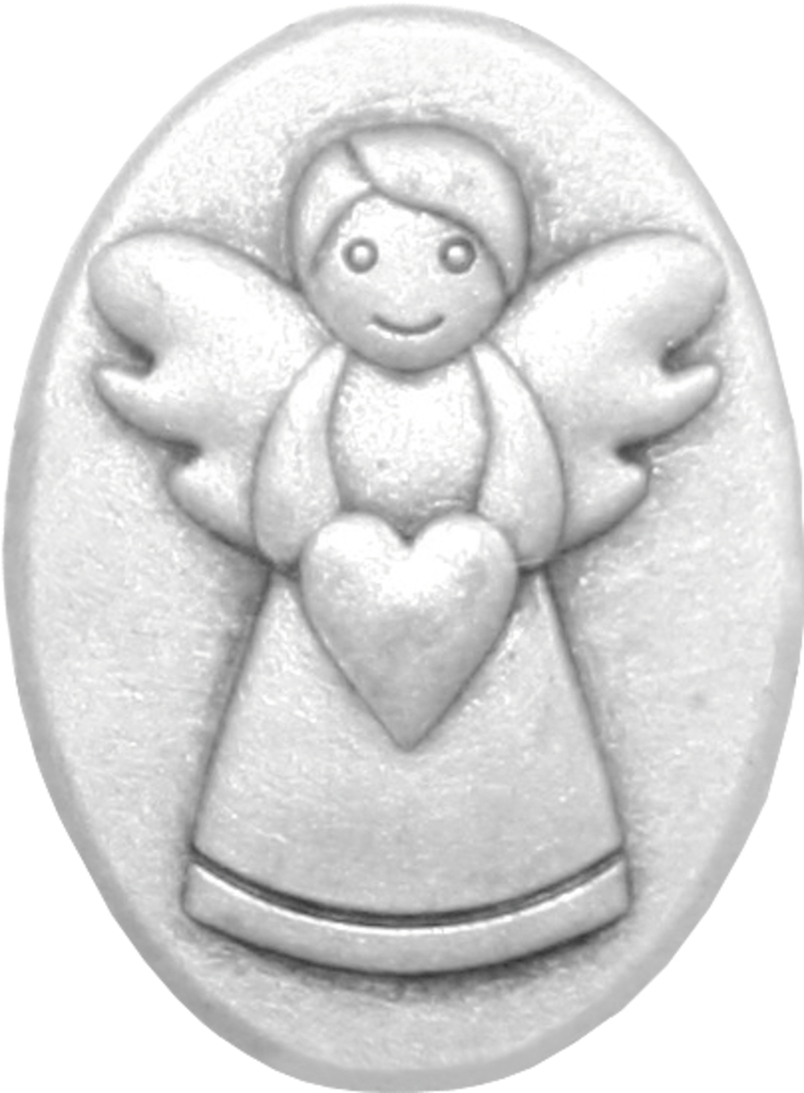 Ovale Silbermünze mit der Gravur eines lächelnden Engels, der in der Mitte ein Herz hält.